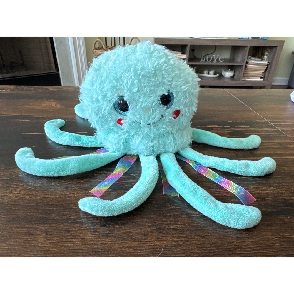 Walmart Aqua Blue Jellyfish Plush Toy with Rainbow Ribbons 9 Inch